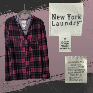 New York Laundry Women's M PinkBlack Plaid Lightweight Button-Up Hoodie